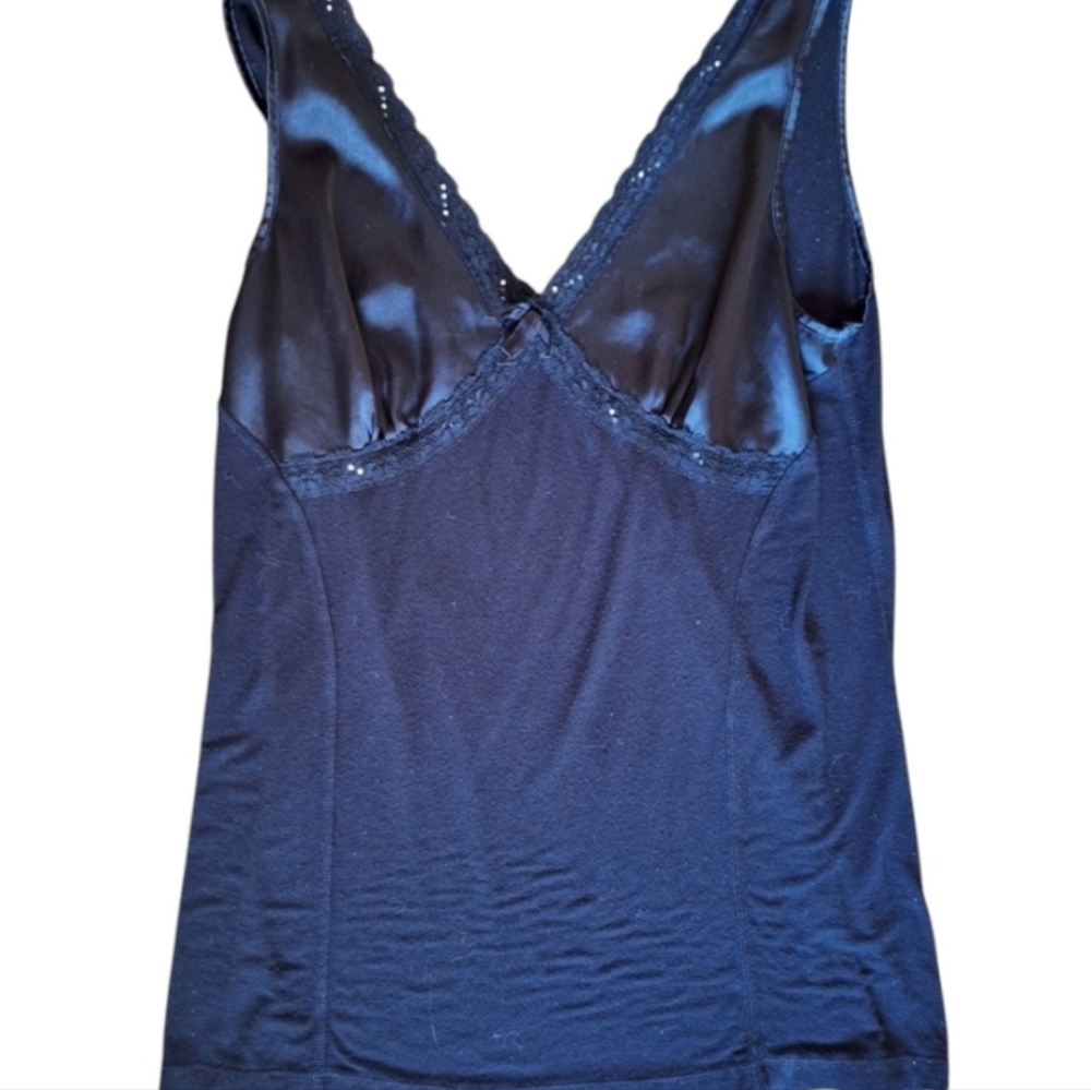 ❤️Satin & Soft V-Neck Tank SZ Large Black Bodycon Fitted Lace Shiny Sequin Bling